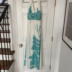 Silk Floral White and Teal Long Halter Dress